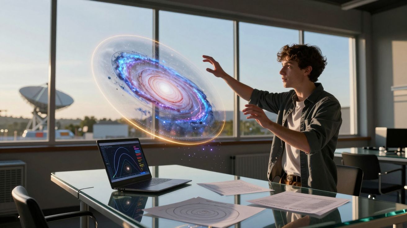 Jovem interage com uma galáxia holográfica num escritório moderno, com laptop e documentos na mesa.