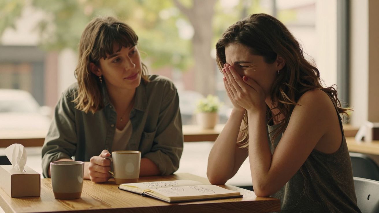 Duas mulheres num café, uma consola a outra que está emocionada e cobre o rosto com as mãos.