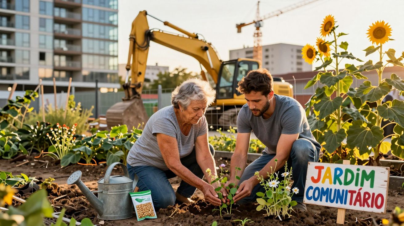 Idosa e homem plantam flores num jardim comunitário urbano com girassóis e máquinas de construção ao fundo.