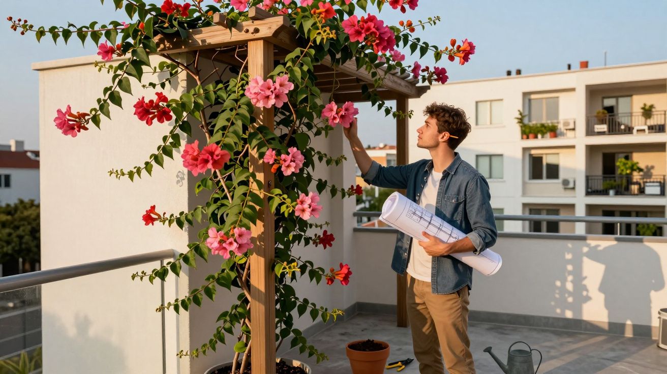 Homem com planta e planta trepadeira com flores cor-de-rosa numa varanda de apartamento ao entardecer.