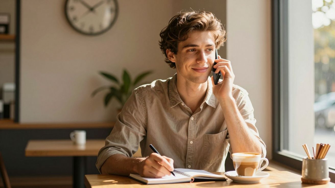 Homem jovem a sorrir enquanto fala ao telemóvel e faz anotações num caderno, sentado numa mesa de café.