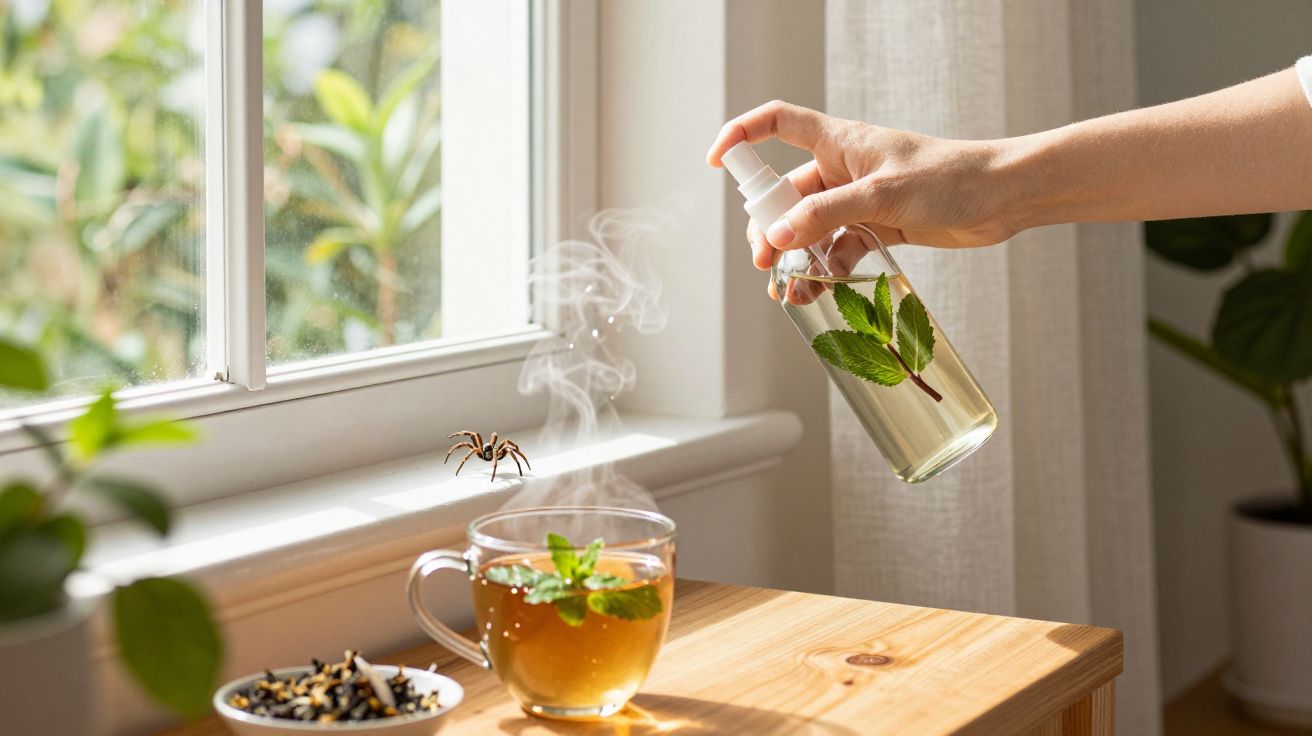 Mão a borrifar spray com folhas verdes para afastar aranha numa janela, chá quente com folhas de hortelã num copo.