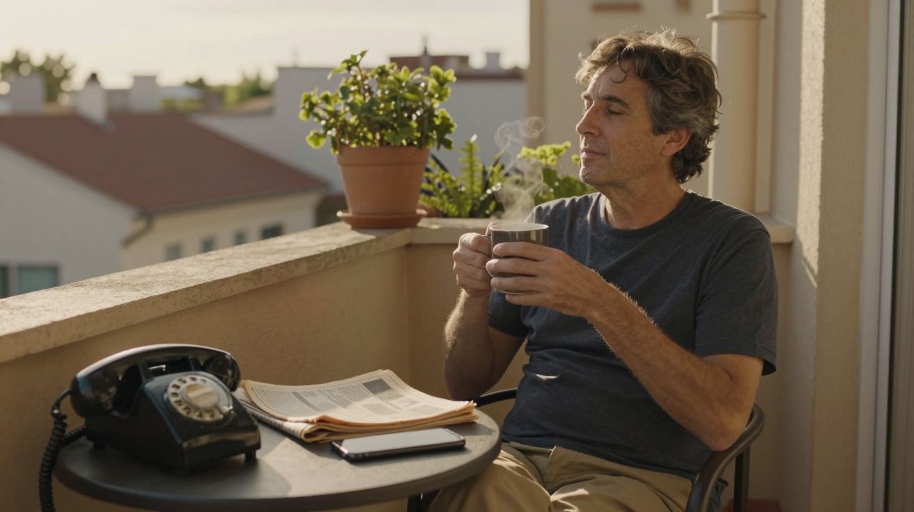 Homem sentado numa varanda a beber chá, com jornal, telefone antigo e planta numa mesa redonda.