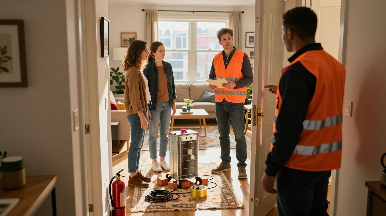 Técnicos em colete laranja explicam funcionamento de aquecedor portátil a duas moradoras numa sala iluminada.