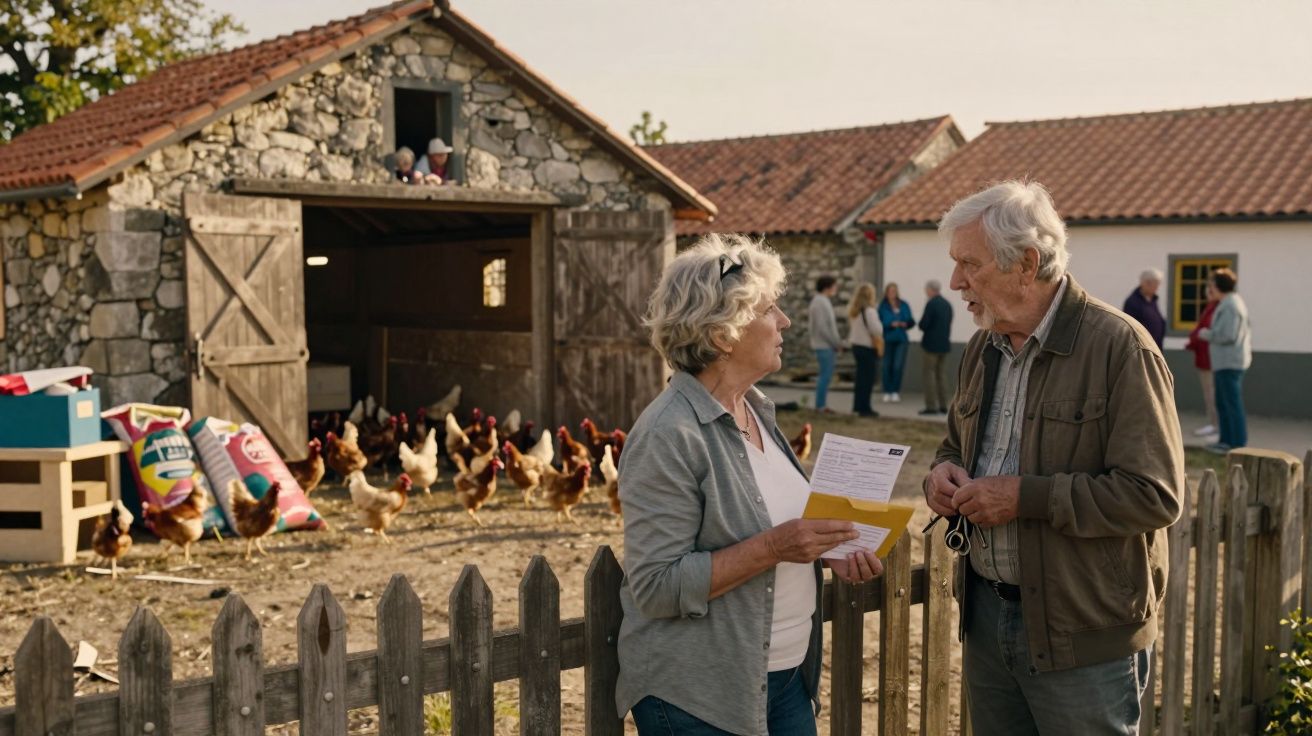 Casal de idosos conversa junto a cerca de madeira em quinta com galinhas e celeiro de pedra ao fundo.