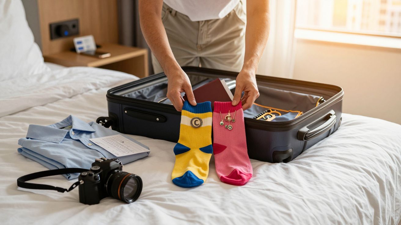 Pessoa a fazer uma mala de viagem, segurando meias coloridas sobre cama com câmera e roupa azul.
