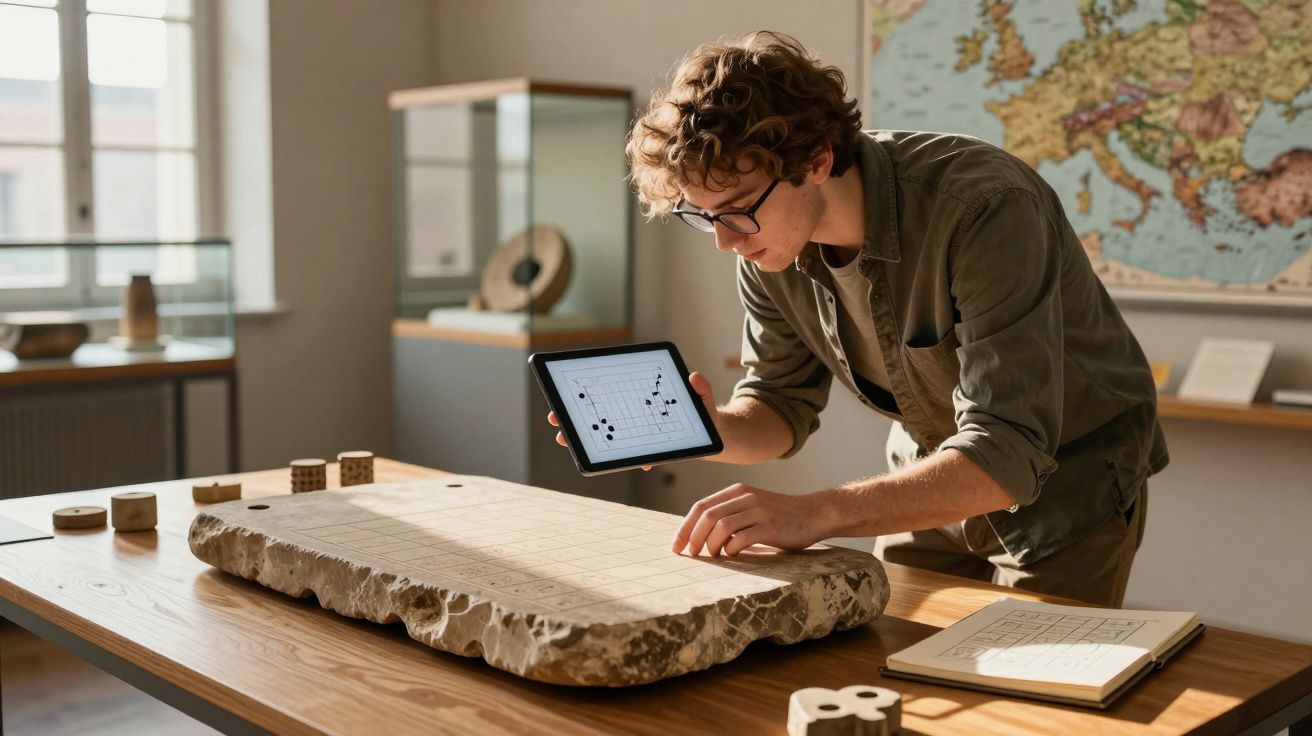 Homem com óculos analisa pedra antiga com tabuleiro e pedras, segurando tablet num espaço de museu.