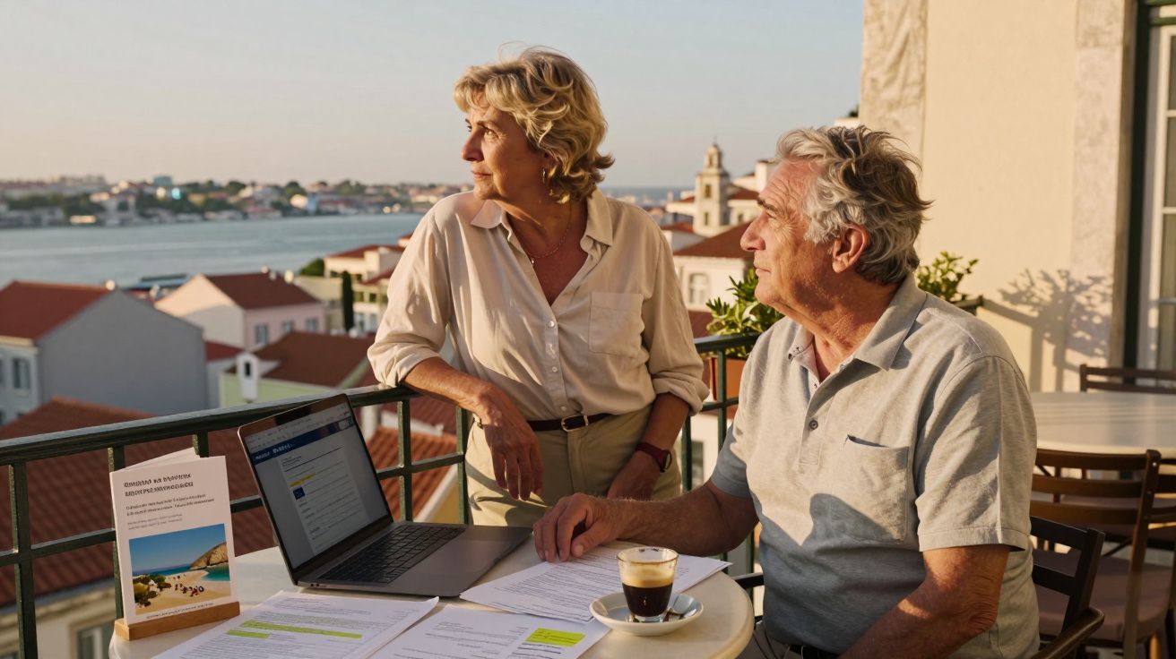 Casal sénior numa varanda com documentos e portátil, com vista para o rio e casas ao pôr do sol.