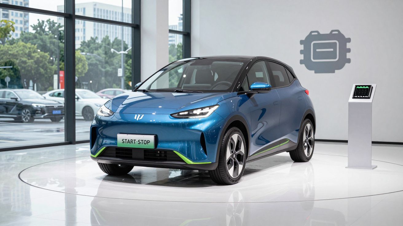 Carro elétrico azul exposto em showroom moderno com janelas amplas e chão brilhante branco.