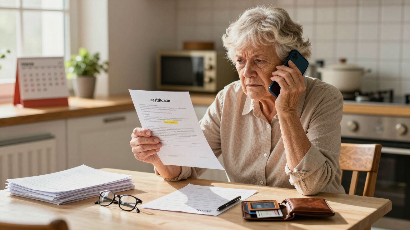 Senhora idosa preocupada a ler um certificado e a falar ao telefone numa mesa com documentos e óculos.