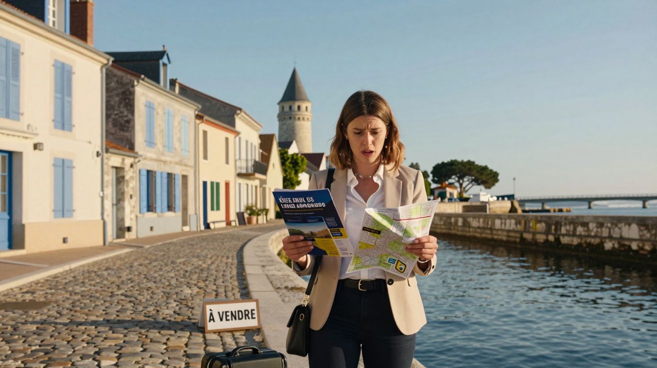 Mulher com mala lê mapa numa rua com casas coloridas junto ao rio num dia soalheiro.