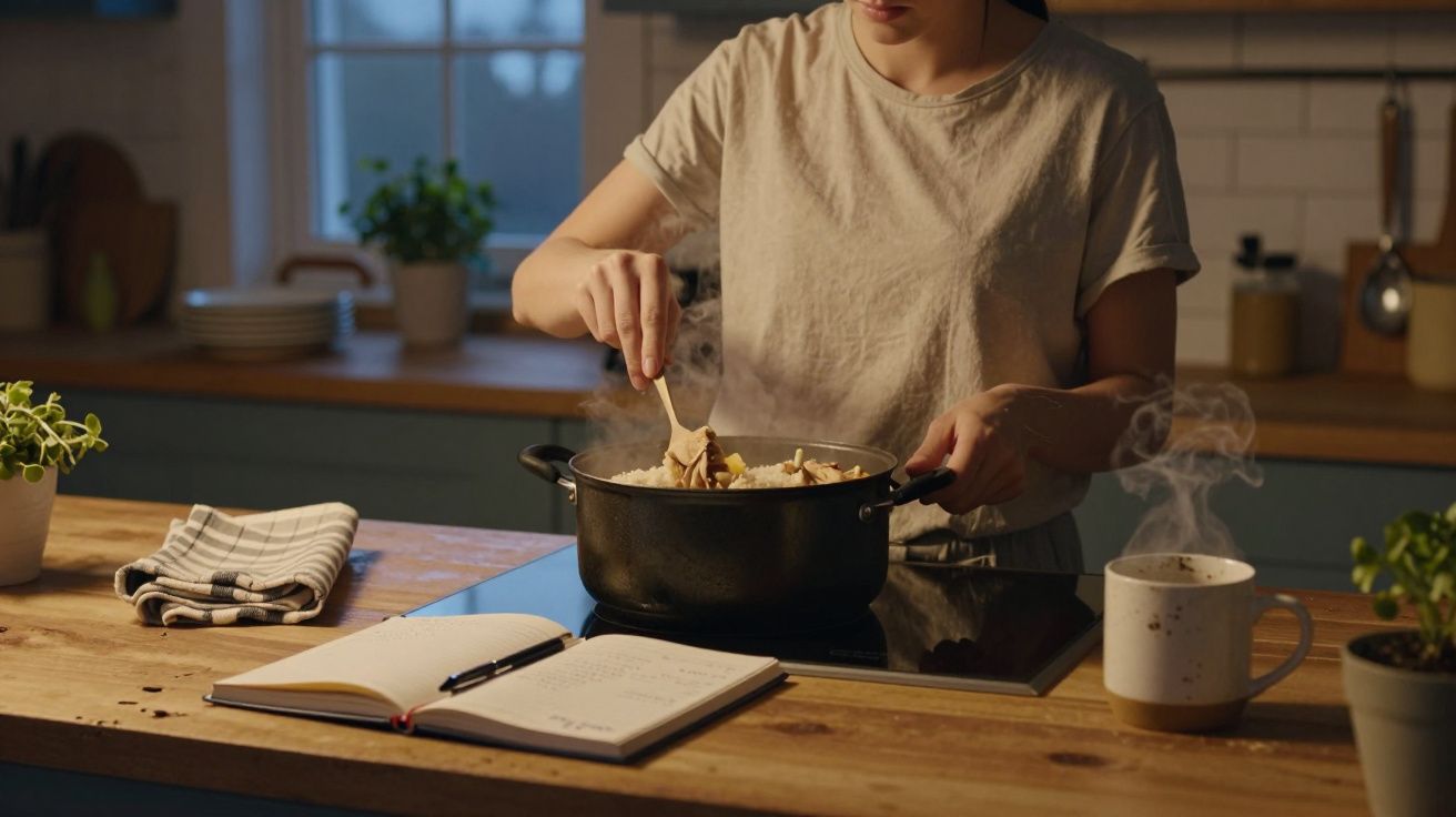 Pessoa a cozinhar e mexer o conteúdo numa panela, com livro aberto e chá quente na mesa da cozinha.
