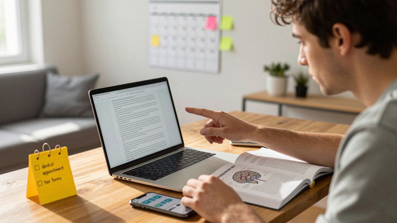 Jovem a estudar em casa com computador portátil, livro sobre o cérebro e telemóvel na secretária.