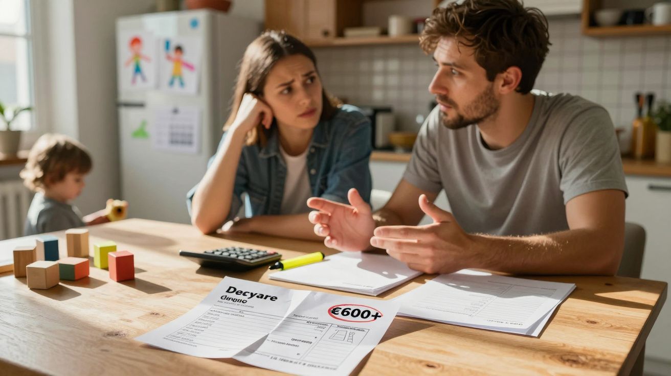 Casal preocupado a discutir despesas domésticas com documentos e calculadora numa cozinha.