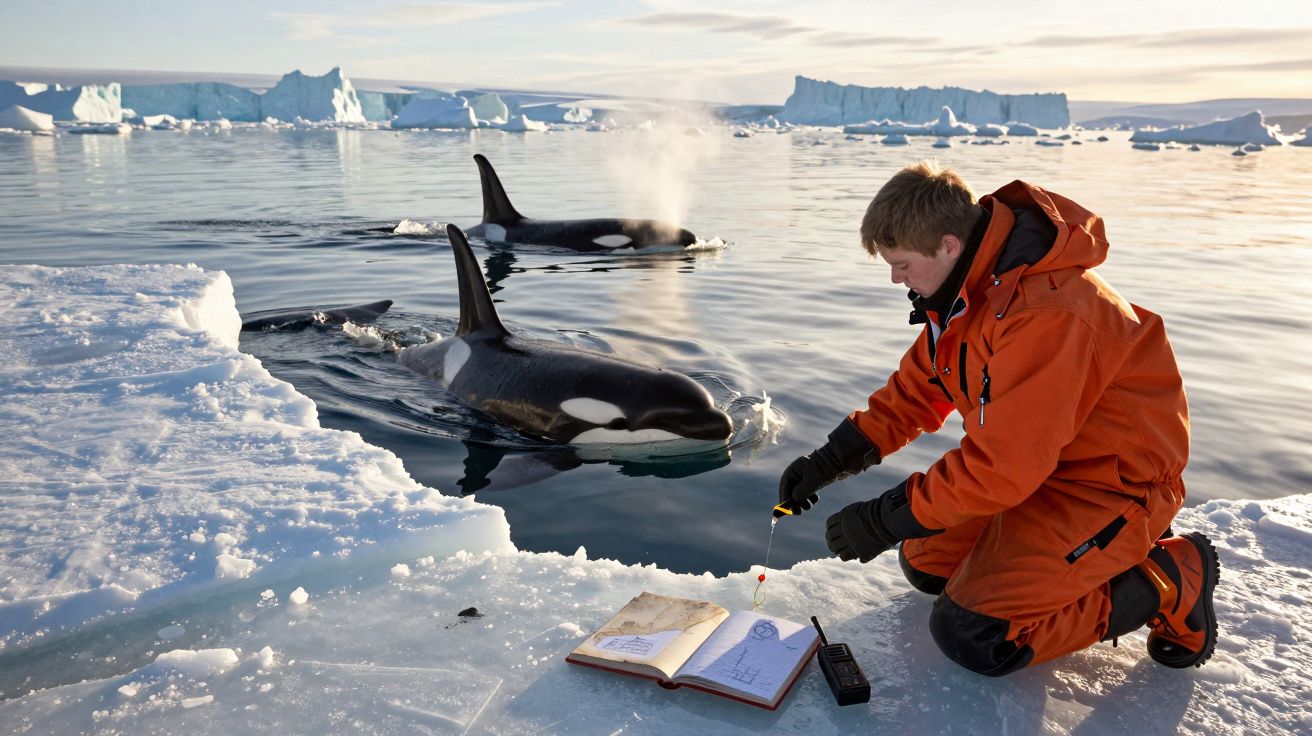 Homem em fato térmico laranja junto a orcas num mar gelado com icebergs ao fundo, durante estudo científico.