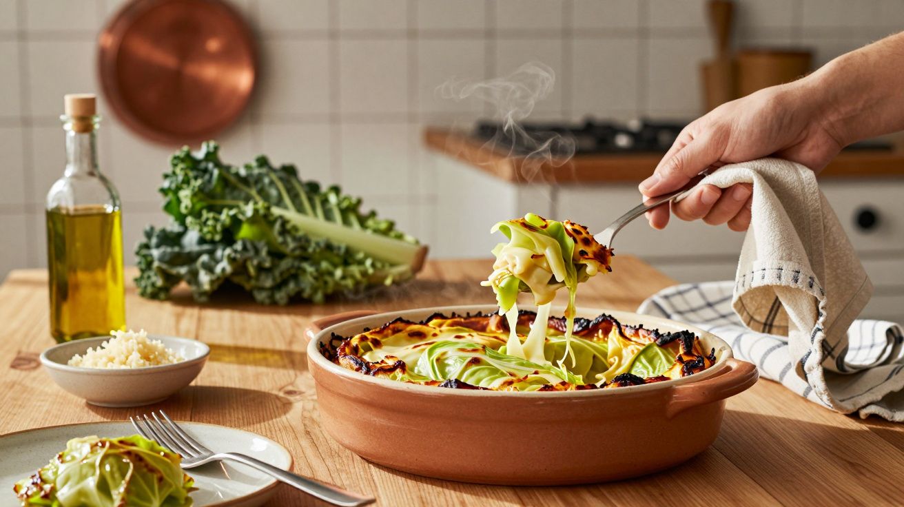 Mão a servir lasanha de couve com queijo derretido numa caçarola de barro numa cozinha.