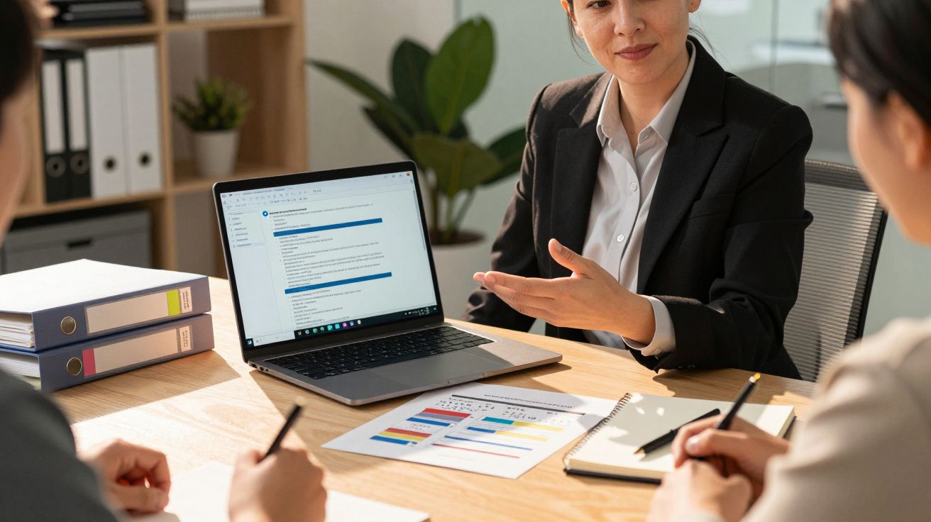 Mulher de negócios a apresentar documentos e gráficos num computador portátil durante reunião de trabalho.