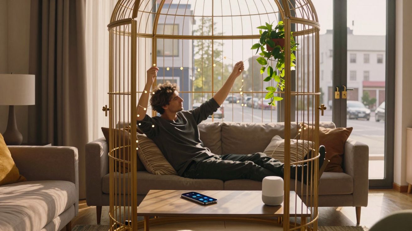 Homem sentado numa gaiola decorativa em sala com sofá, luz suave e planta pendente.