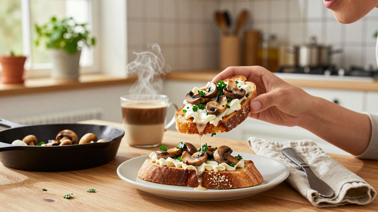 Torrada com queijo derretido, cogumelos frescos e salsa, com café quente ao fundo numa cozinha iluminada.