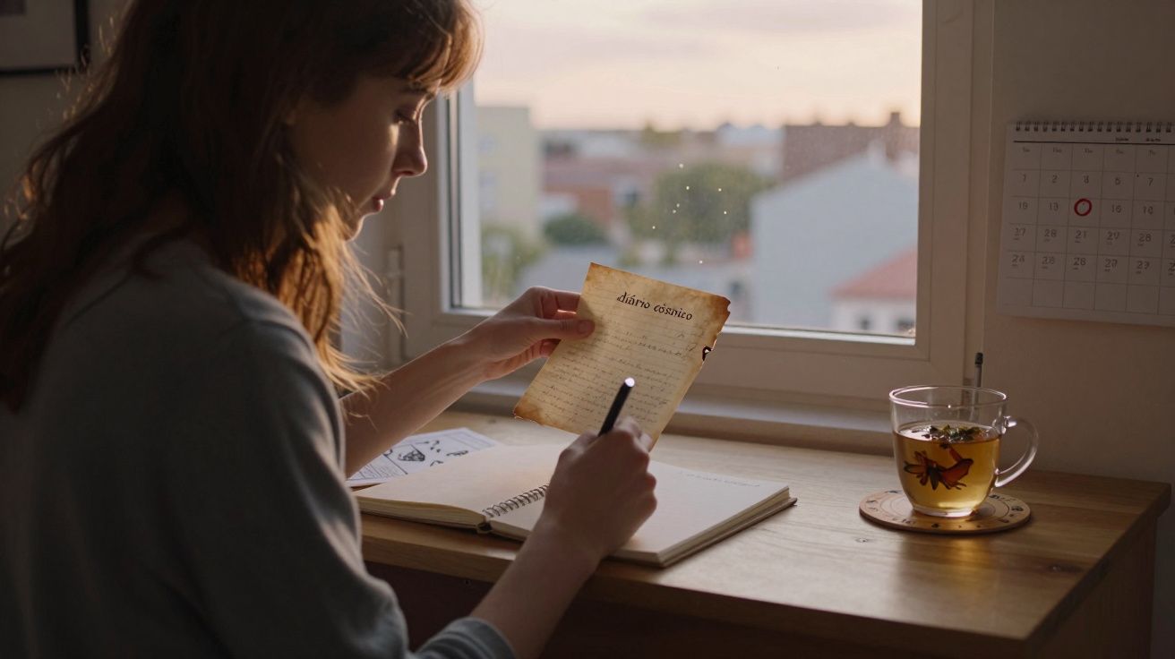 Jovem a escrever num diário antigo, sentada numa secretária perto da janela ao pôr do sol com chá ao lado.