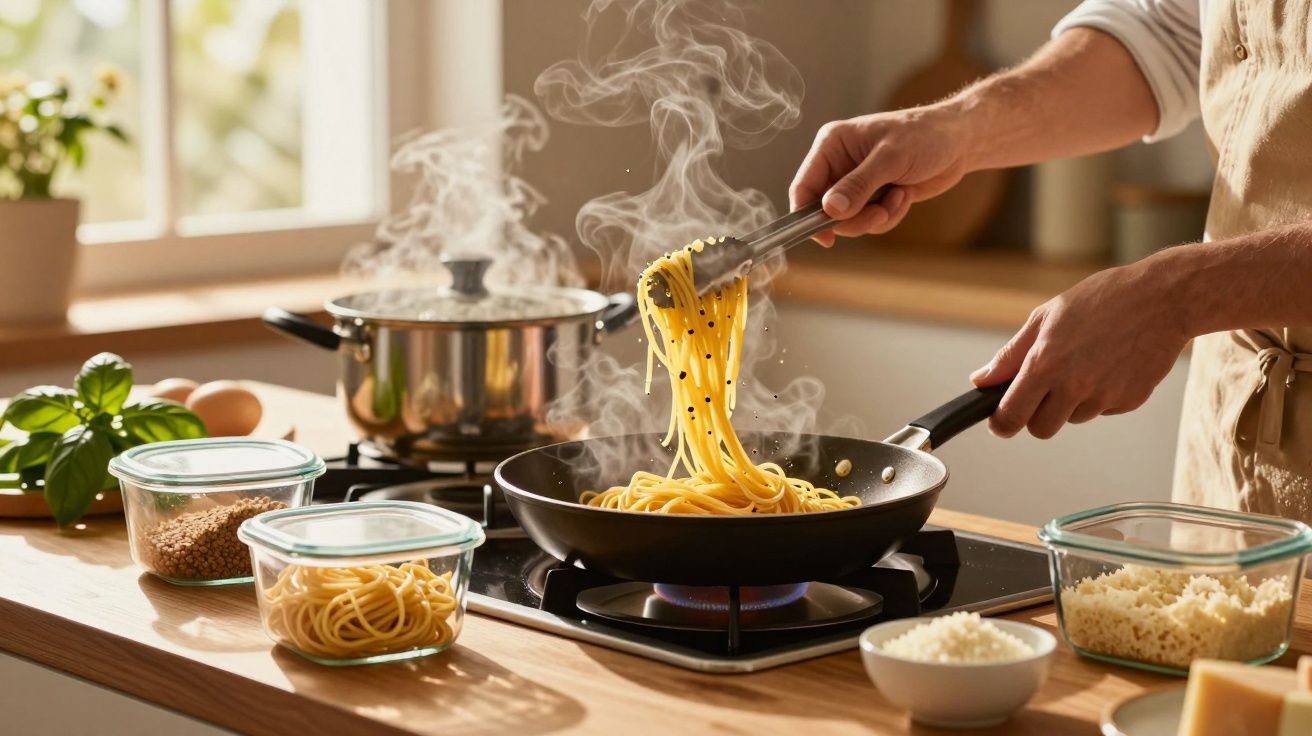 Pessoa a cozinhar esparguete numa frigideira sobre fogão a gás numa cozinha iluminada natural.