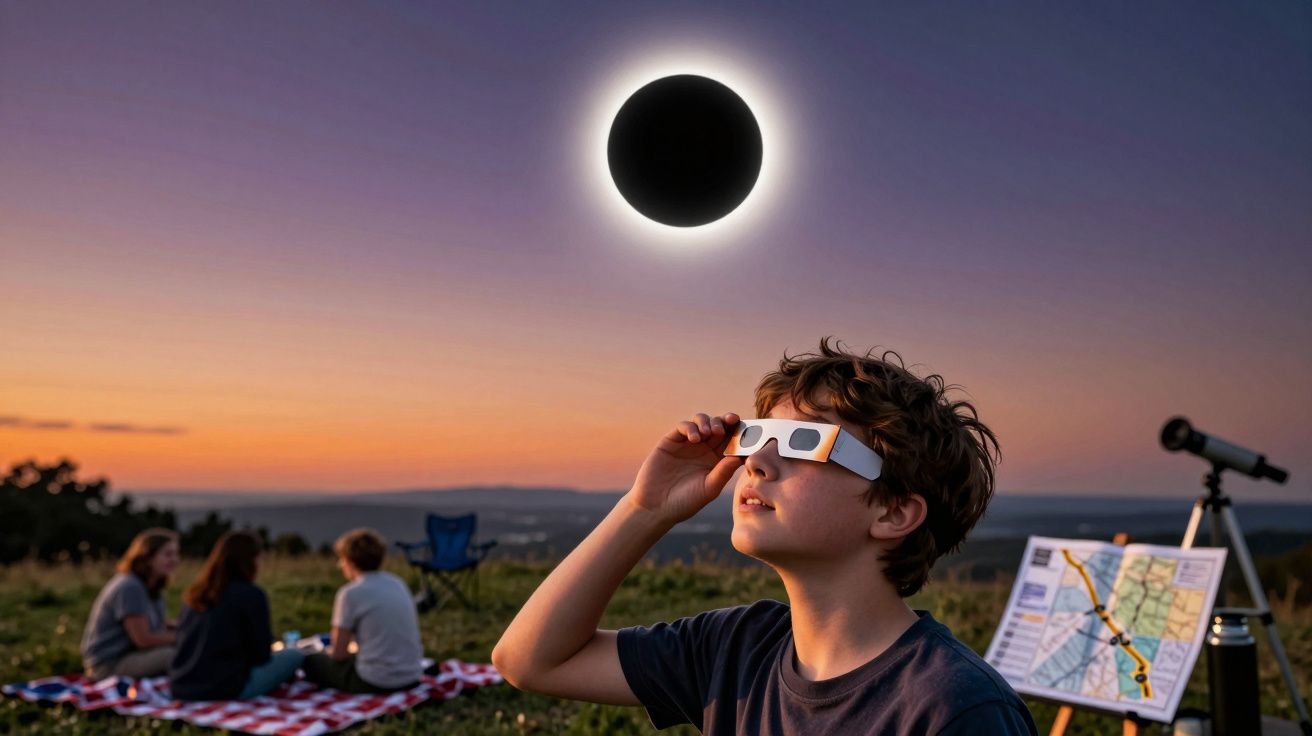Criança a observar eclipse solar com óculos especiais, grupo no campo e mapa numa tarde ao entardecer.