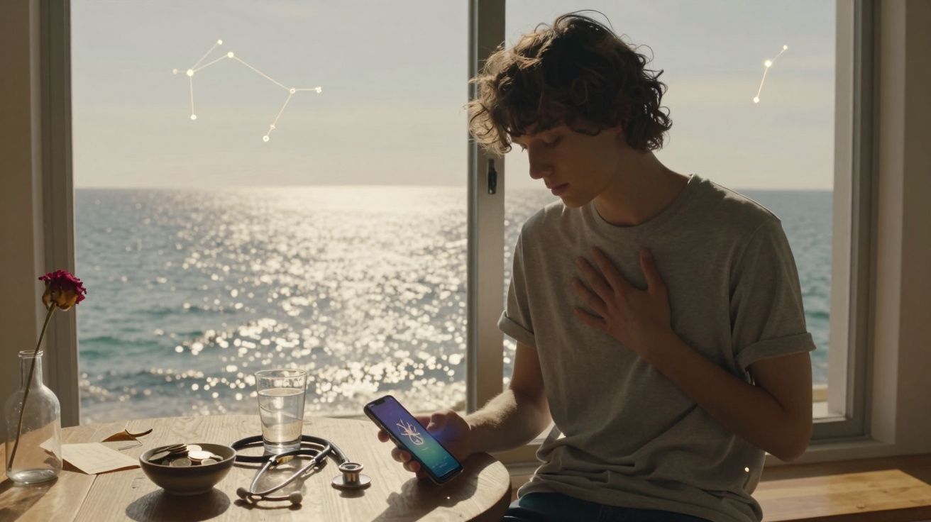 Jovem sentado junto à janela com vista para o mar, segurando um telemóvel com símbolos médicos na ecrã.