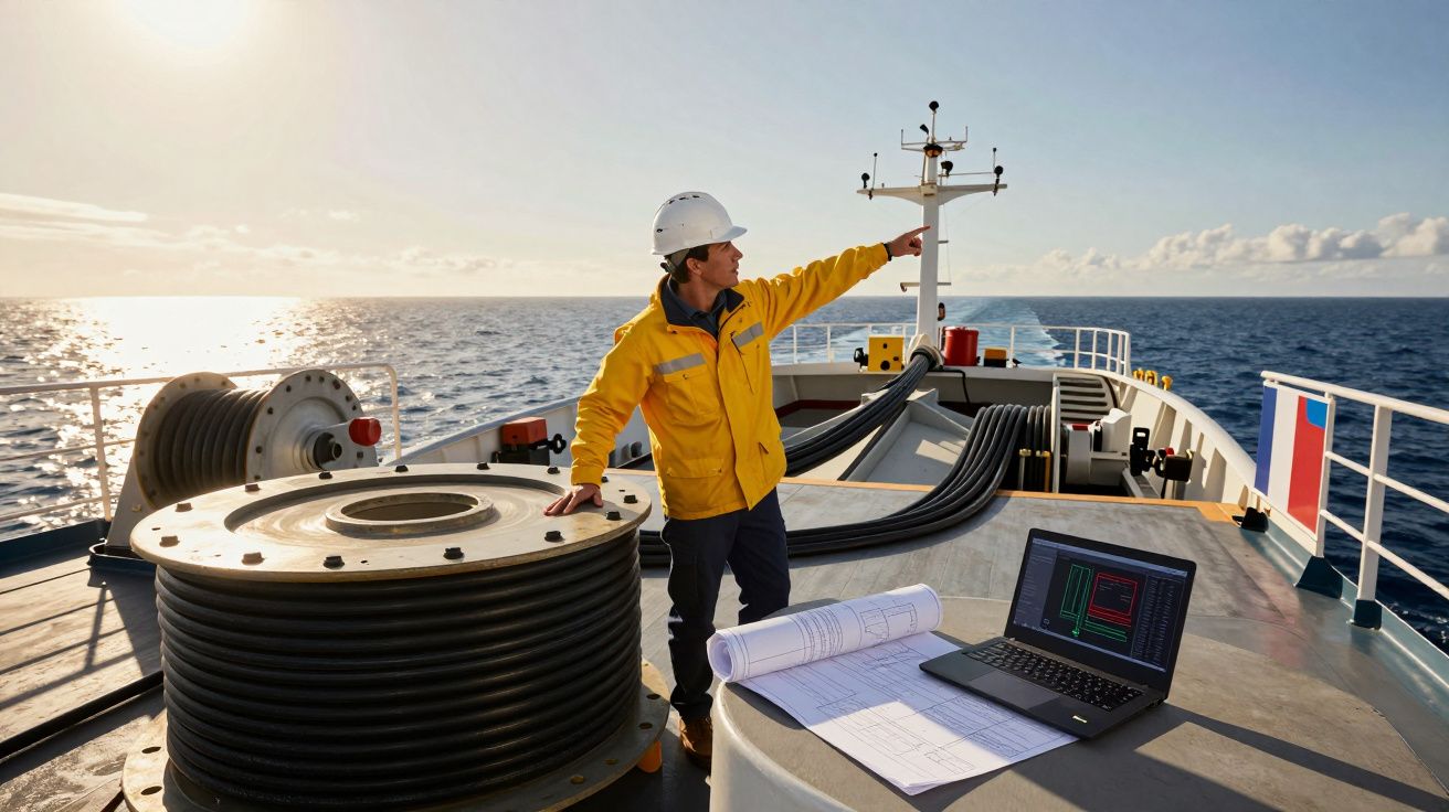 Homem com capacete e casaco amarelo a apontar no convés de navio com laptop e desenhos técnicos.