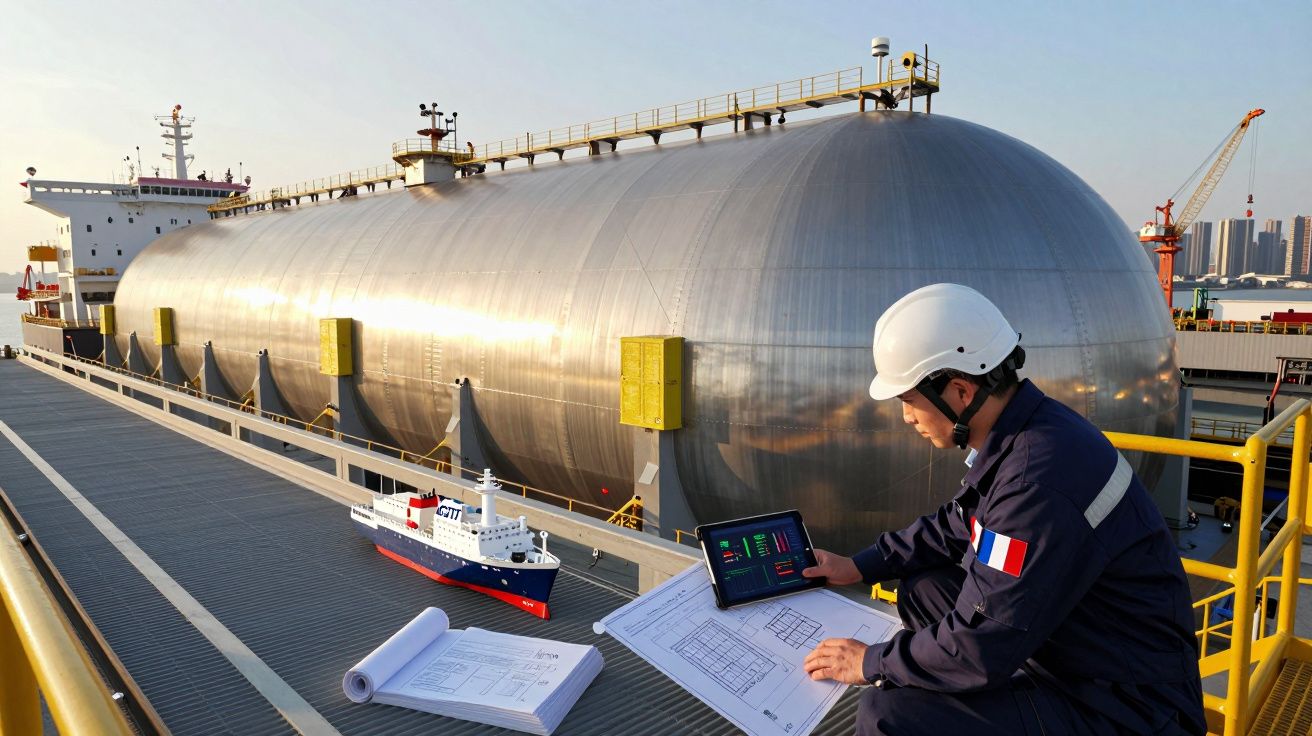 Engenheiro com capacete em plataforma industrial com grandes tanques metálicos e maquete de navio.