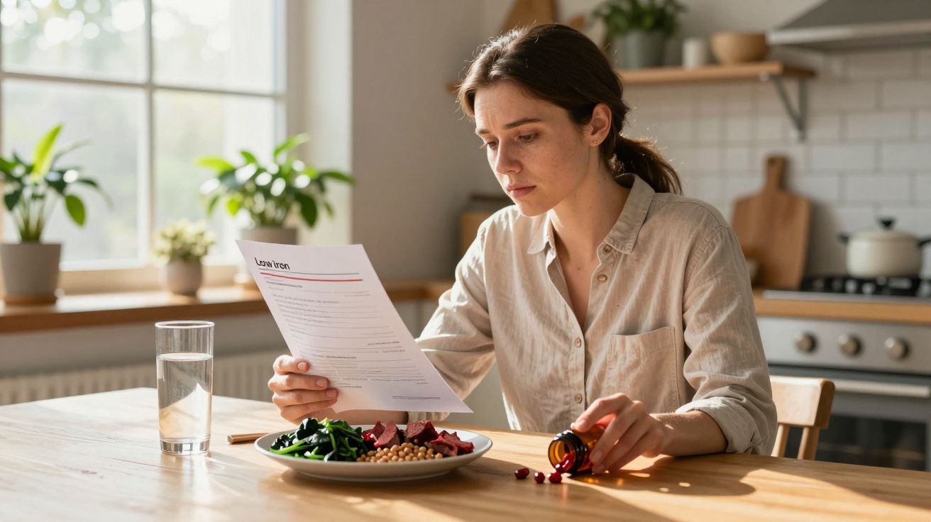 Mulher sentada à mesa a ler um documento enquanto segura um frasco de comprimidos na cozinha iluminada.