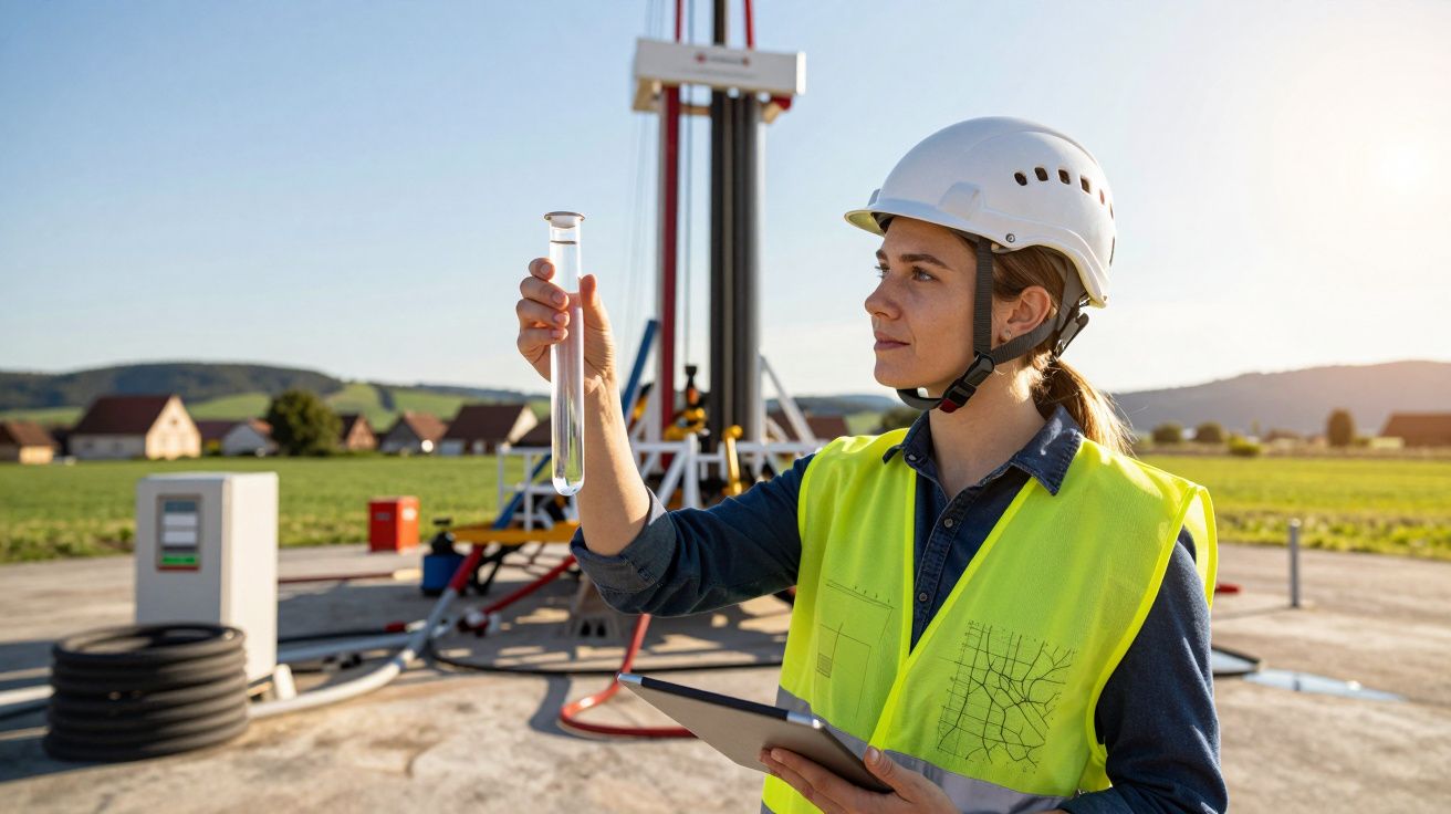 Mulher com capacete e colete refletor a segurar tubo de ensaio num campo com equipamento industrial.