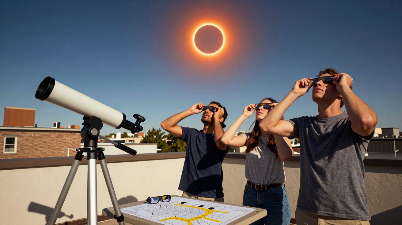 Três pessoas observam um eclipse solar com óculos especiais, ao lado de um telescópio numa varanda.