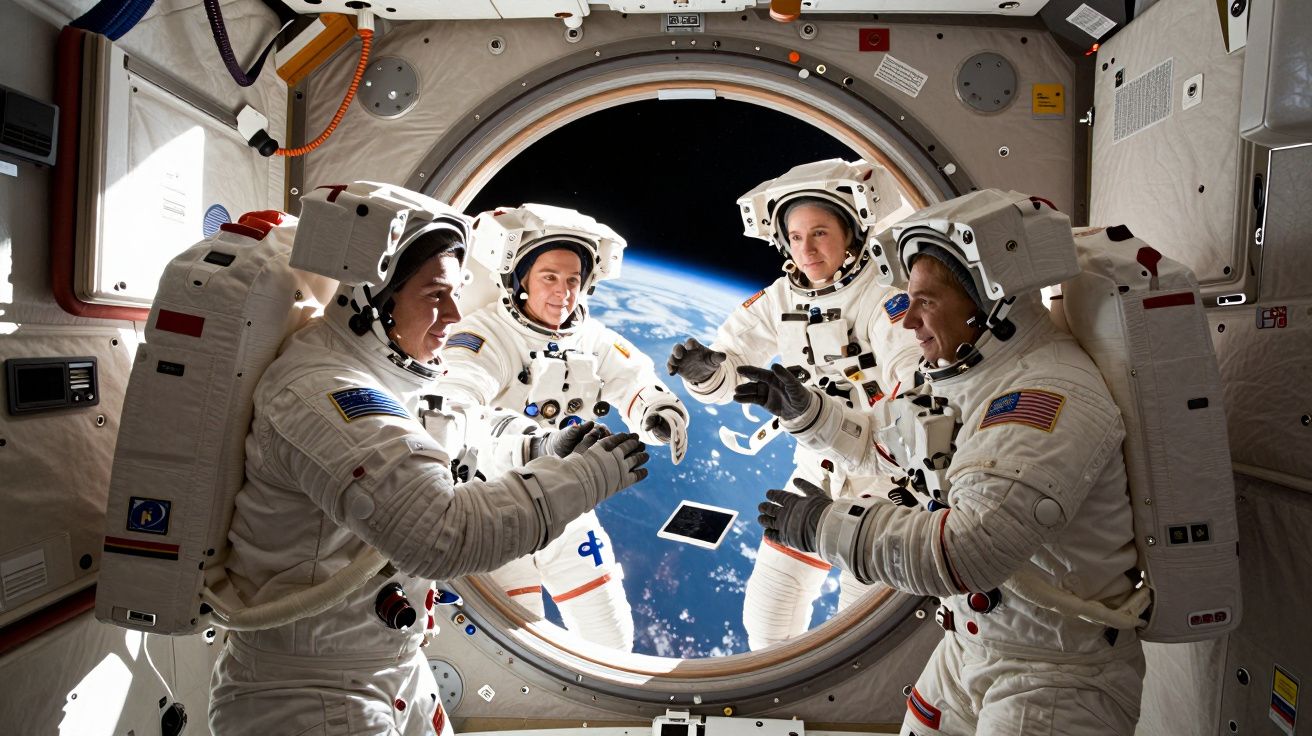 Quatro astronautas em fatos espaciais dentro de uma estação espacial com a Terra visível na janela circular.