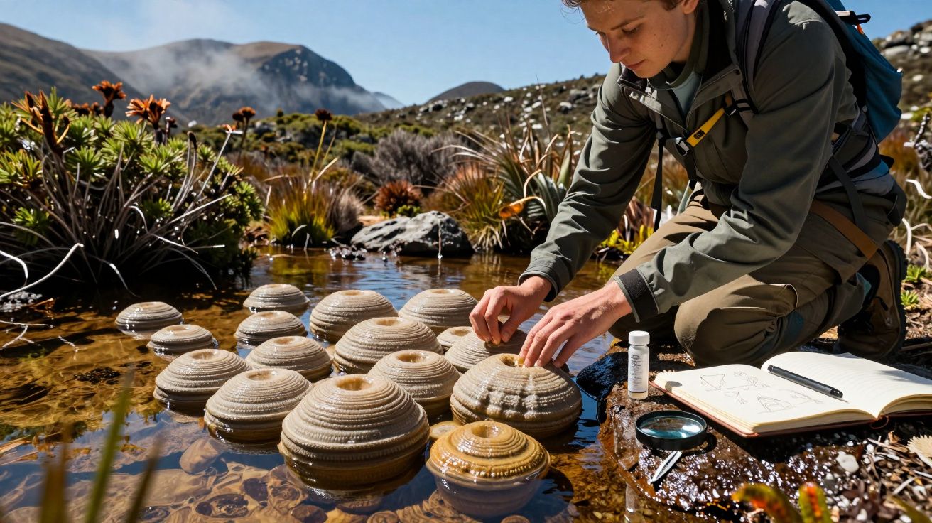 Pessoa a estudar plantas aquáticas, com caderno e lupa, em ambiente montanhoso junto a lagoa.