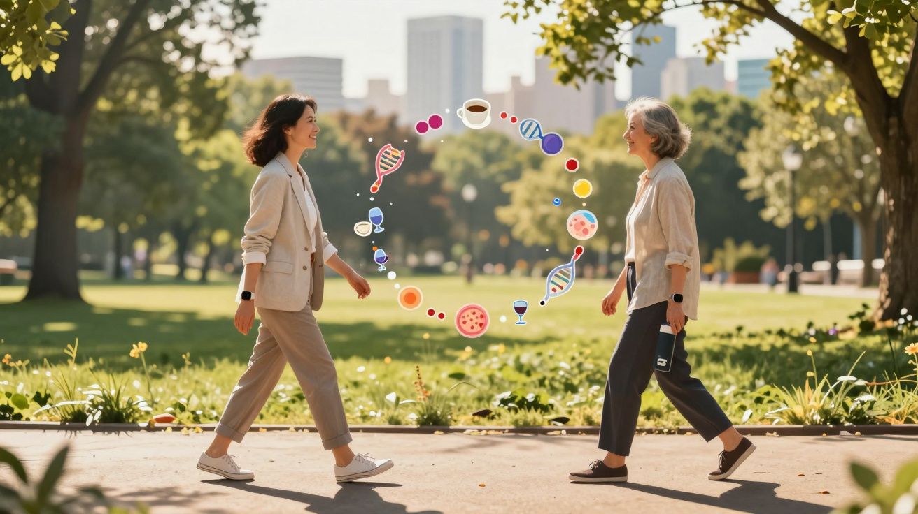 Duas mulheres a caminhar em parque com gráficos coloridos de saúde e genética entre elas.