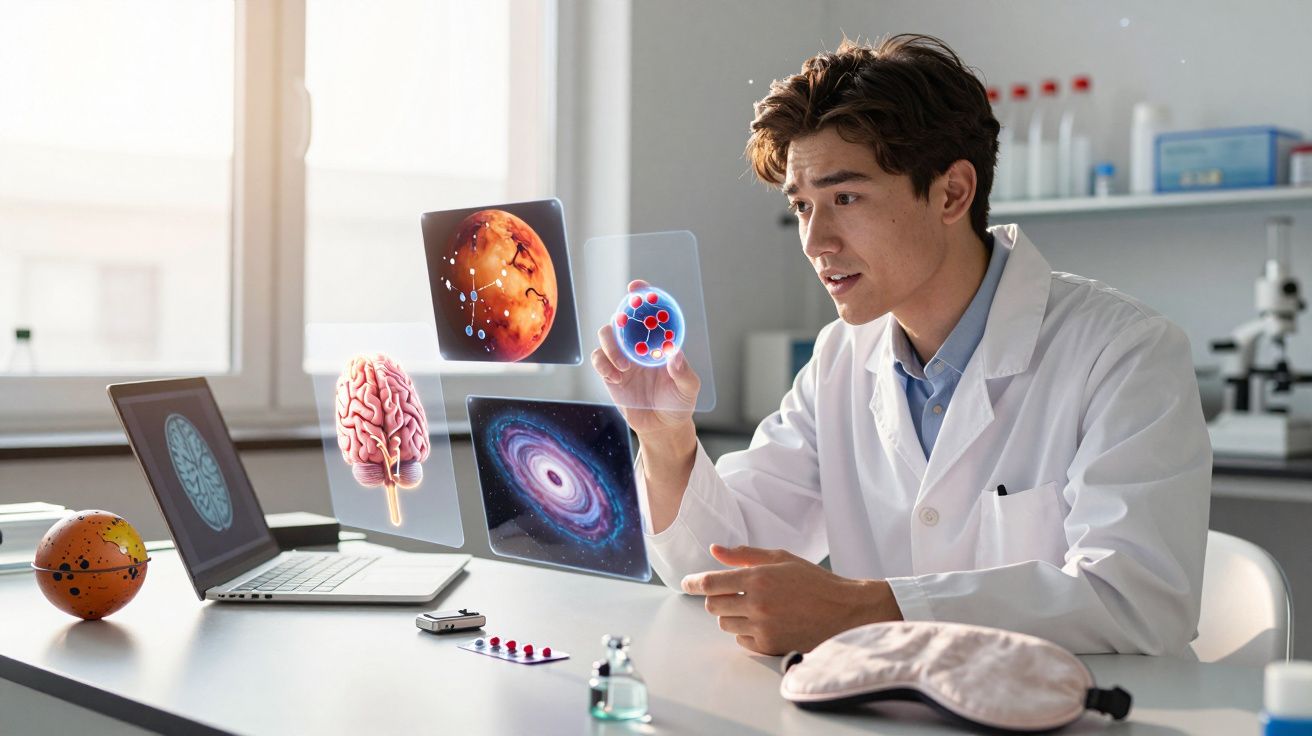 Cientista em laboratório interage com hologramas de planeta, cérebro e galáxia projetados acima de portátil.