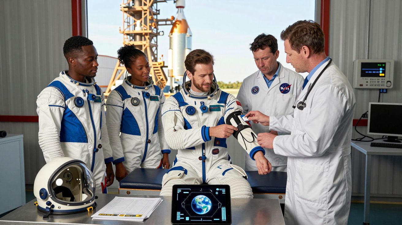 Astronautas em fatos espaciais recebem exame médico de profissional com estetoscópio numa sala de controlo.