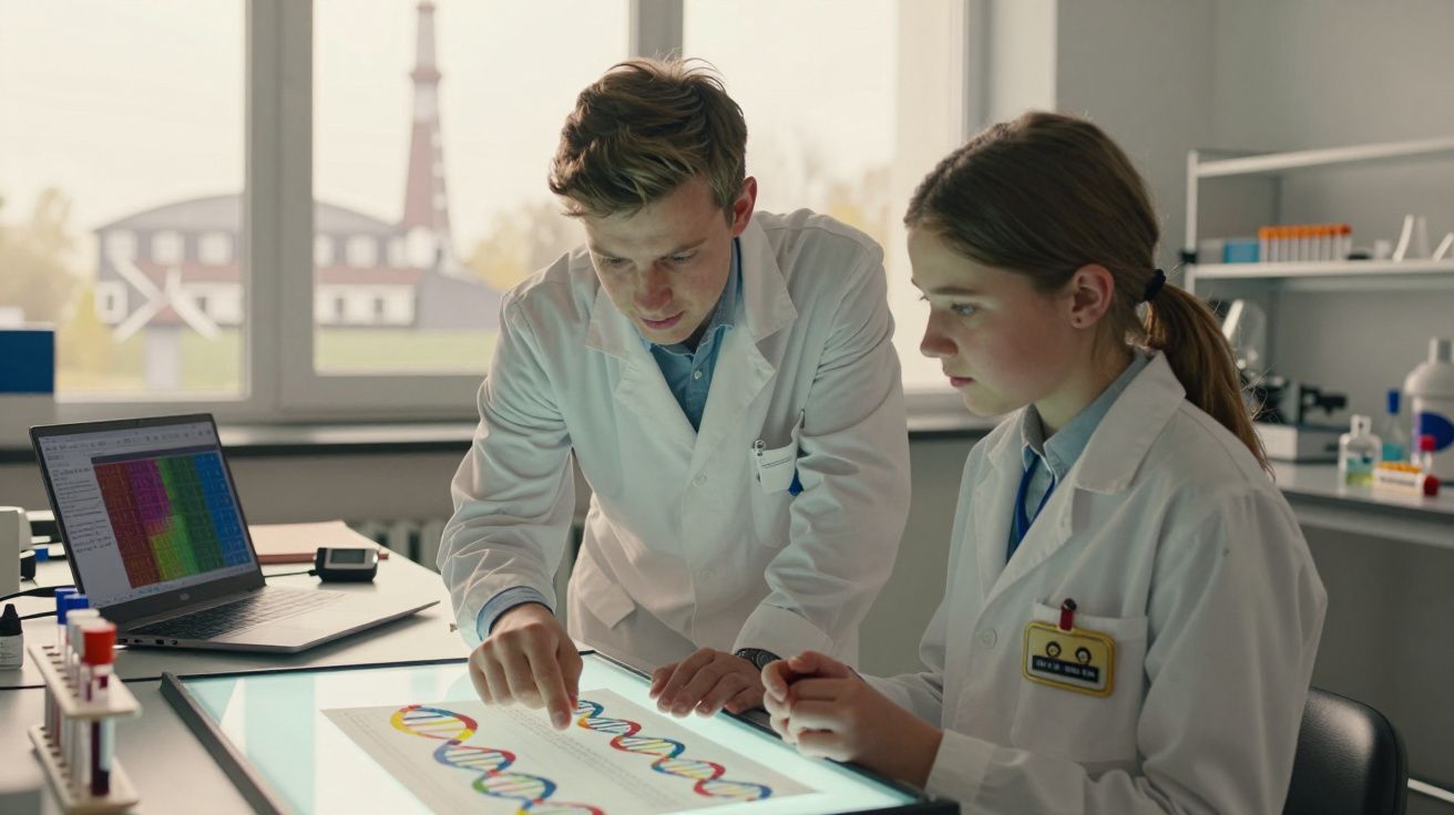 Dois cientistas em bata branca analisam uma sequência de DNA numa mesa iluminada num laboratório.