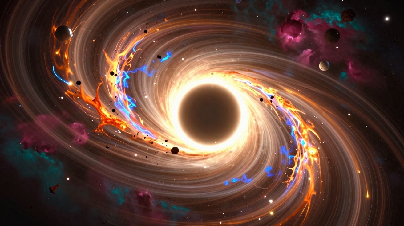 Buraco negro com disco de acreção luminoso em espiral rodeado por planetas e nuvens cósmicas coloridas.