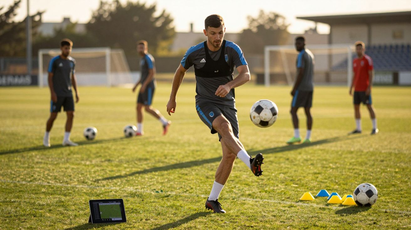 Jogador de futebol a chutar a bola durante treino no relvado, com outros quatro jogadores ao fundo.