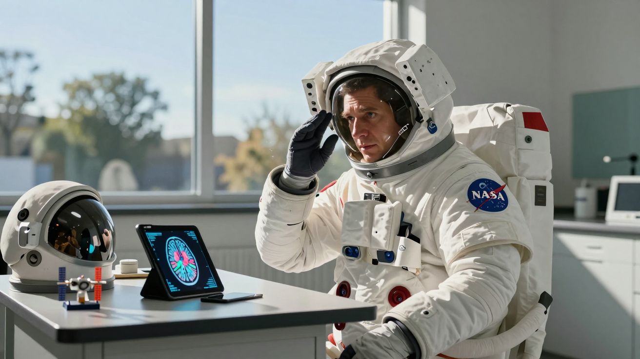 Homem em fato espacial NASA sentado numa sala, a saudar diante de um tablet com imagem de cérebro.