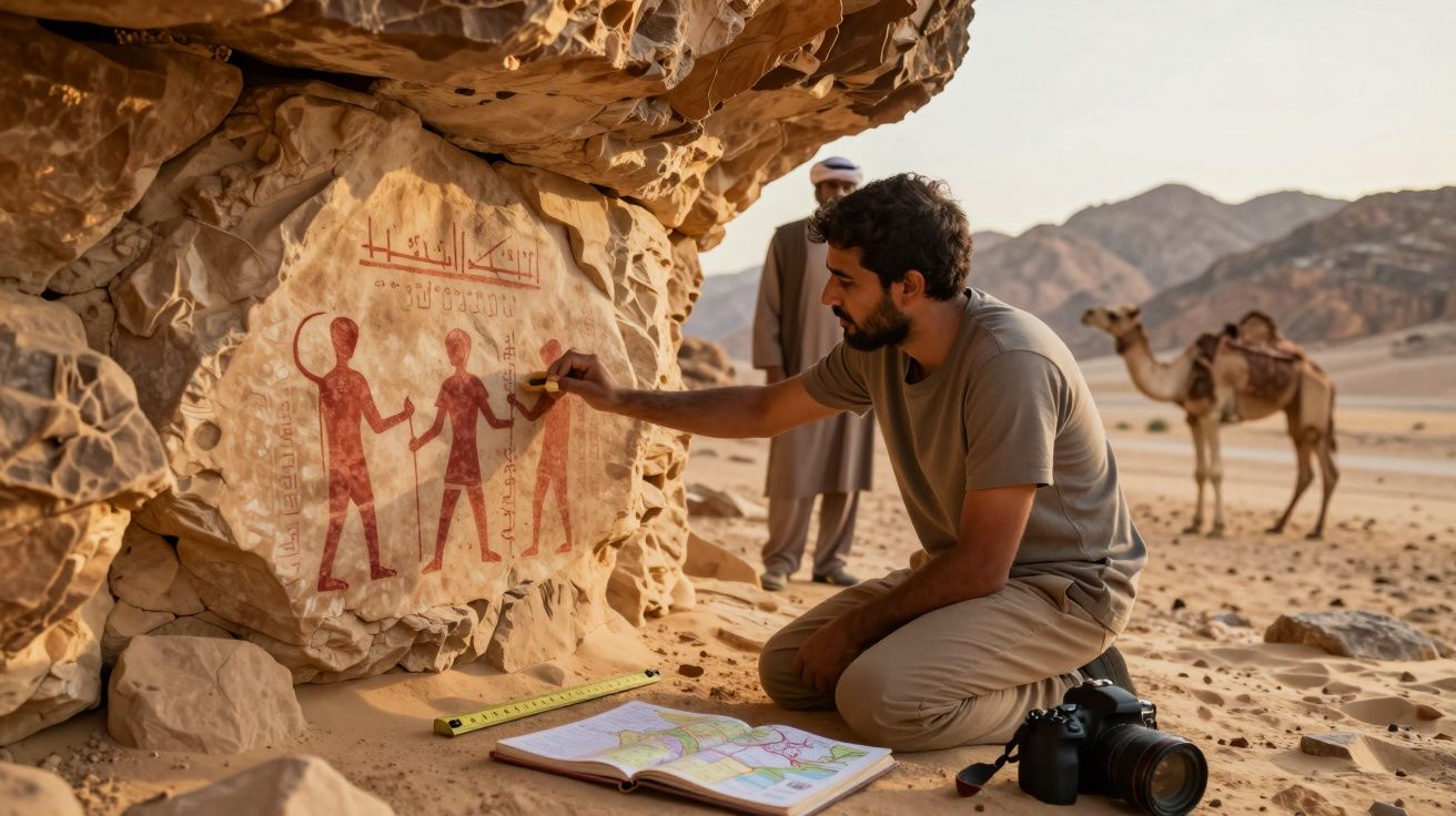 Homem estuda pinturas rupestres num rochedo no deserto com camelo ao fundo e câmara ao lado.
