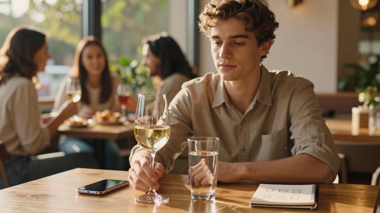 Jovem sentado numa mesa a segurar um copo de vinho branco num restaurante com amigas ao fundo.