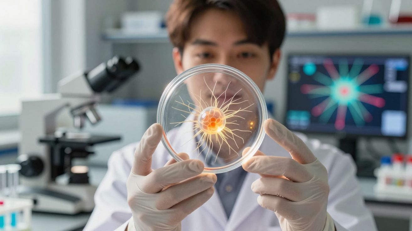 Cientista com luvas a analisar cultura celular luminosa numa placa de Petri num laboratório moderno.