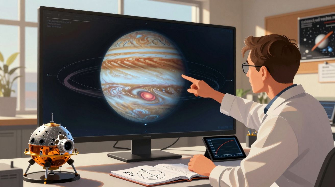 Cientista em laboratório a analisar imagem digital do planeta Júpiter num ecrã de computador.
