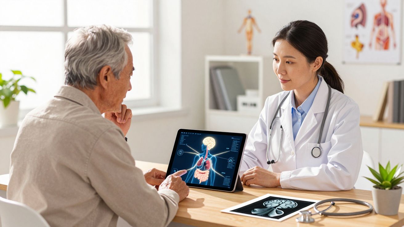 Médica a explicar a um idoso funcionamento do sistema digestivo usando tablet numa consulta médica.