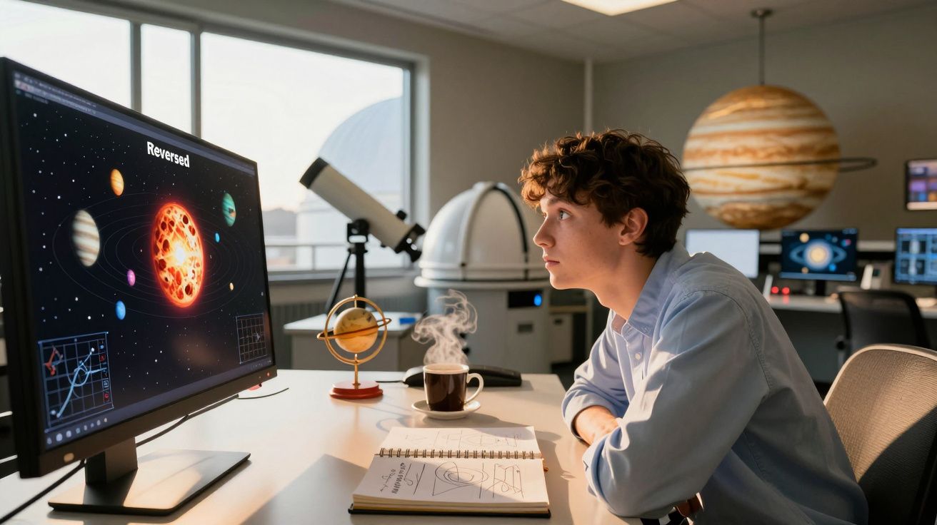 Rapaz observa modelo do sistema solar na tela de computador, numa sala com telescópio e globo terrestre.