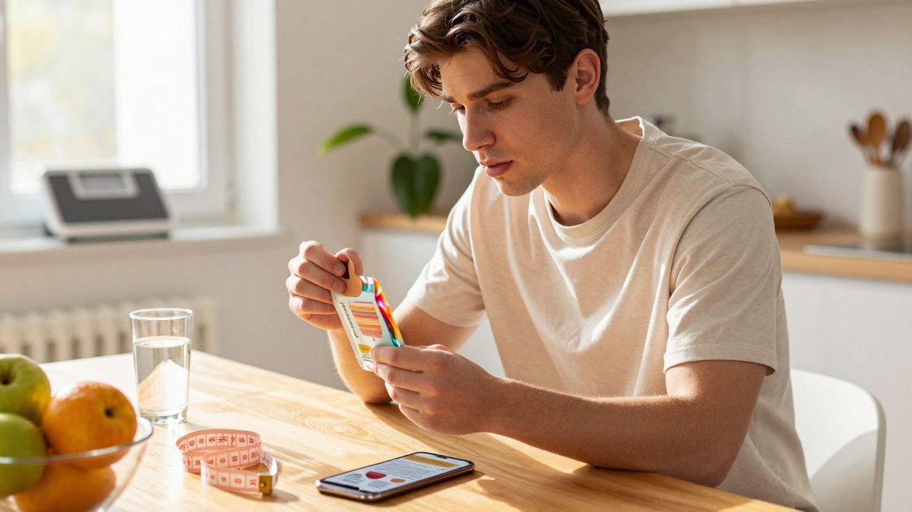 Homem sentado à mesa a ler informações nutricionais numa embalagem, com smartphone e fita métrica à frente.