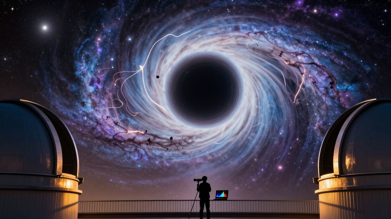 Observatório com telescópio a captar imagem digital de um buraco negro gigantesco no espaço estrelado.