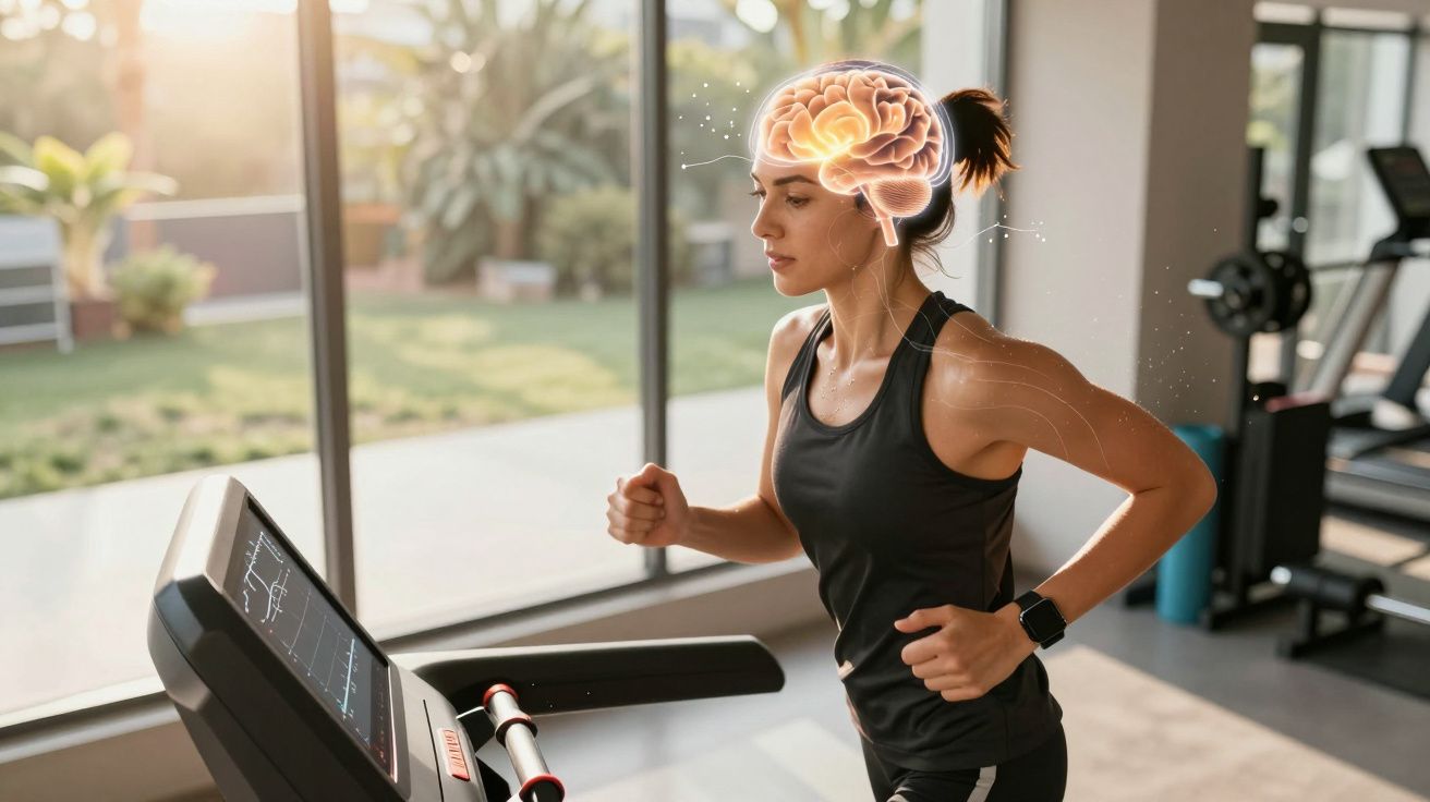 Mulher a correr numa passadeira, com ilustração de cérebro iluminado a destacar o foco mental durante o exercício.
